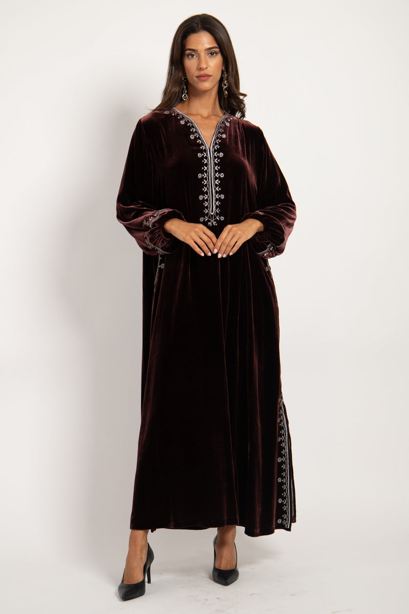 Hayat Velvet Embroidered Brown & Silver Dress