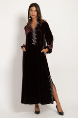 Hayat Velvet Embroidered Brown & Silver Dress