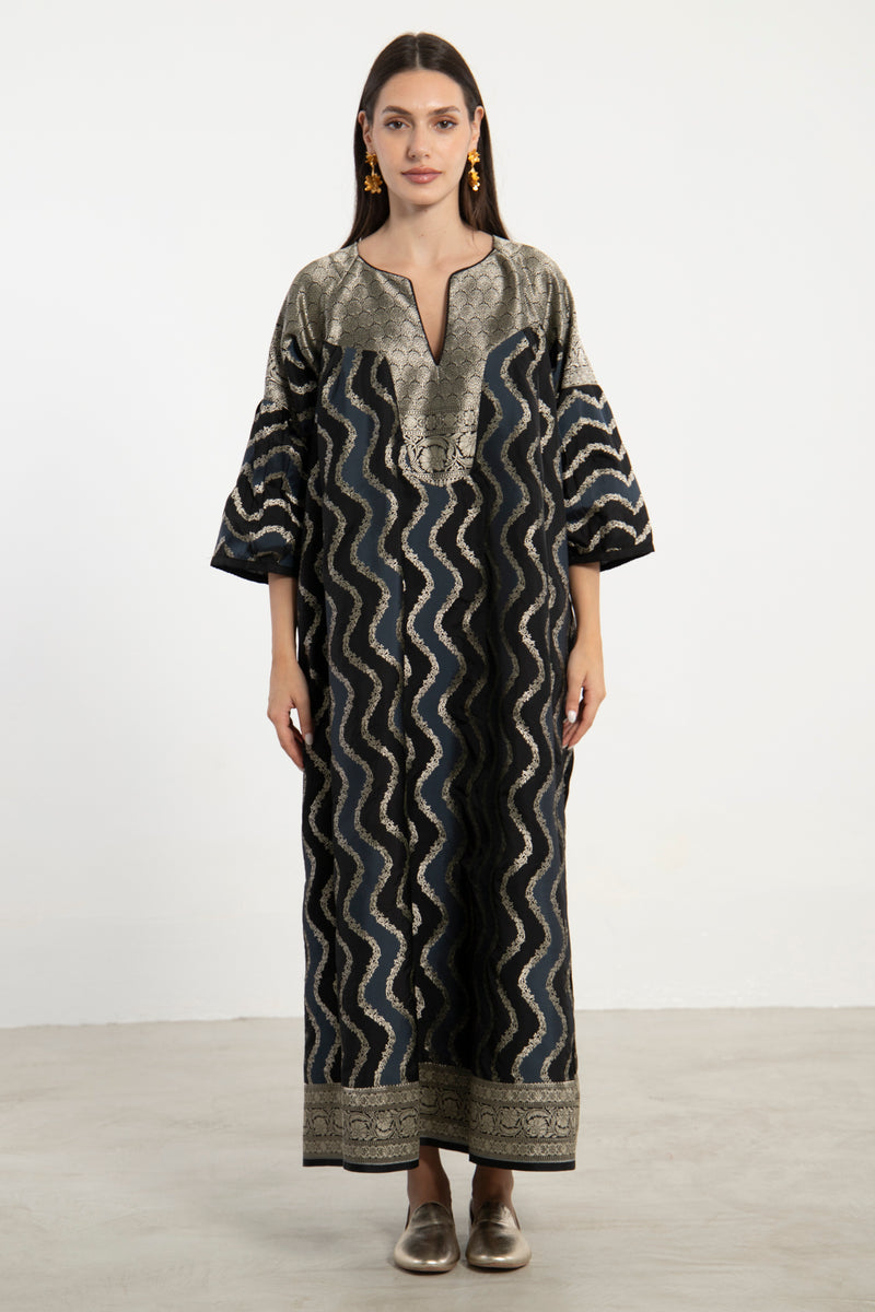 One-Of-a-Kind Rania Silk Black & Blue Dress