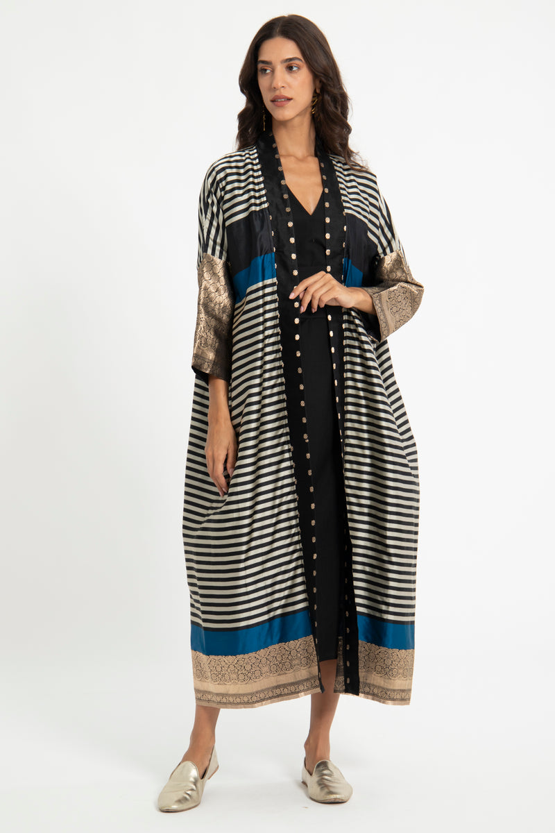 One-of-a-Kind Handwoven Silk Blue & Gold Abaya