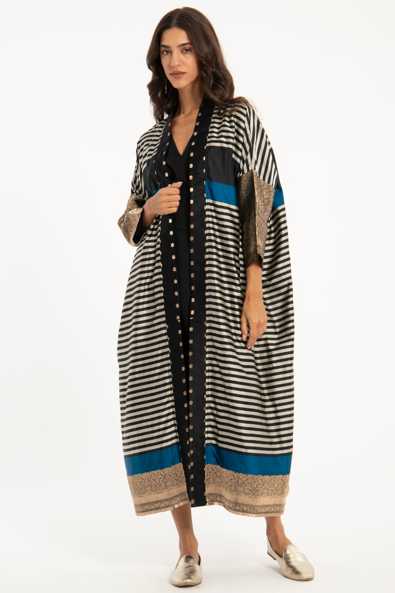 One-of-a-Kind Handwoven Silk Blue & Gold Abaya