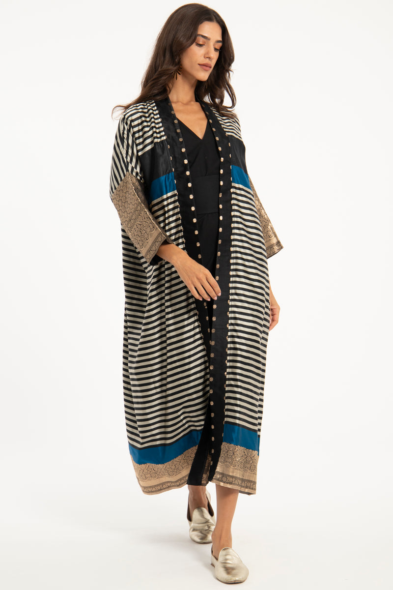 One-of-a-Kind Handwoven Silk Blue & Gold Abaya