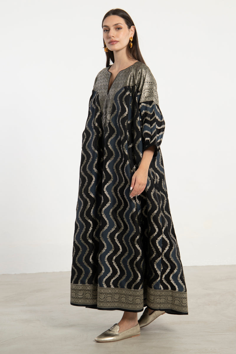 One-Of-a-Kind Rania Silk Black & Blue Dress