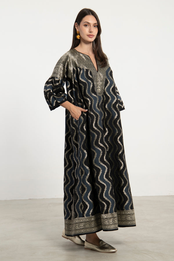 One-Of-a-Kind Rania Silk Black & Blue Dress