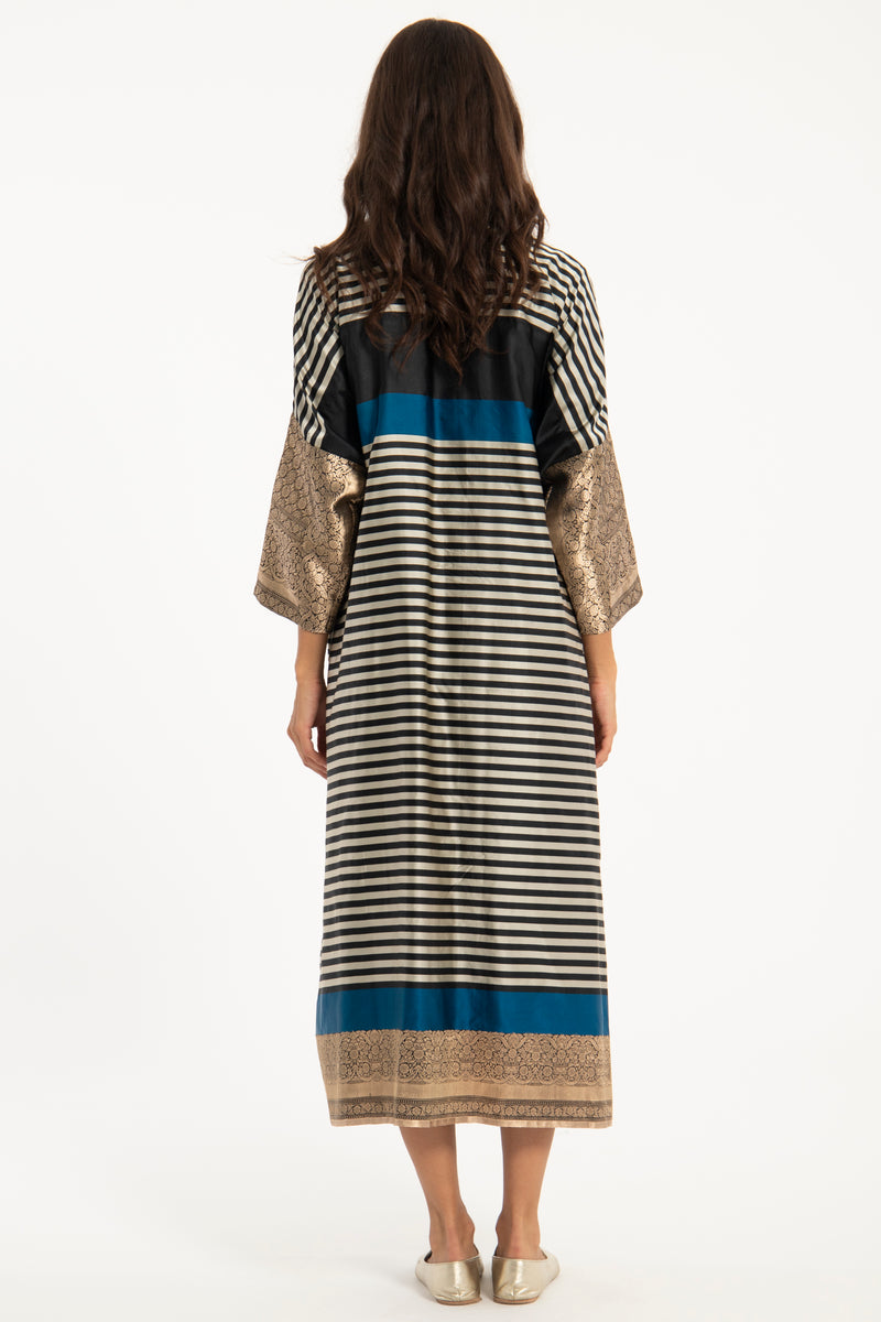 One-of-a-Kind Handwoven Silk Blue & Gold Abaya