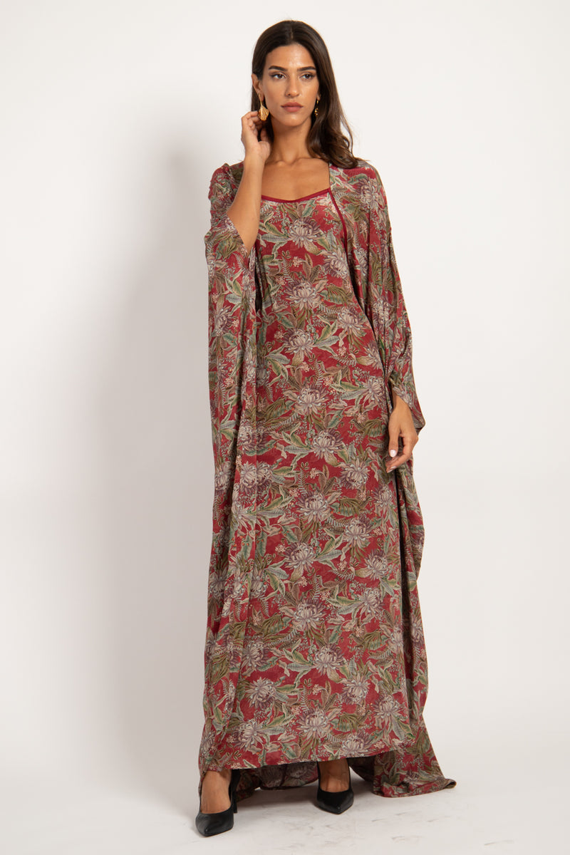 Deli Silk Dark Red Printed Flowers Dress