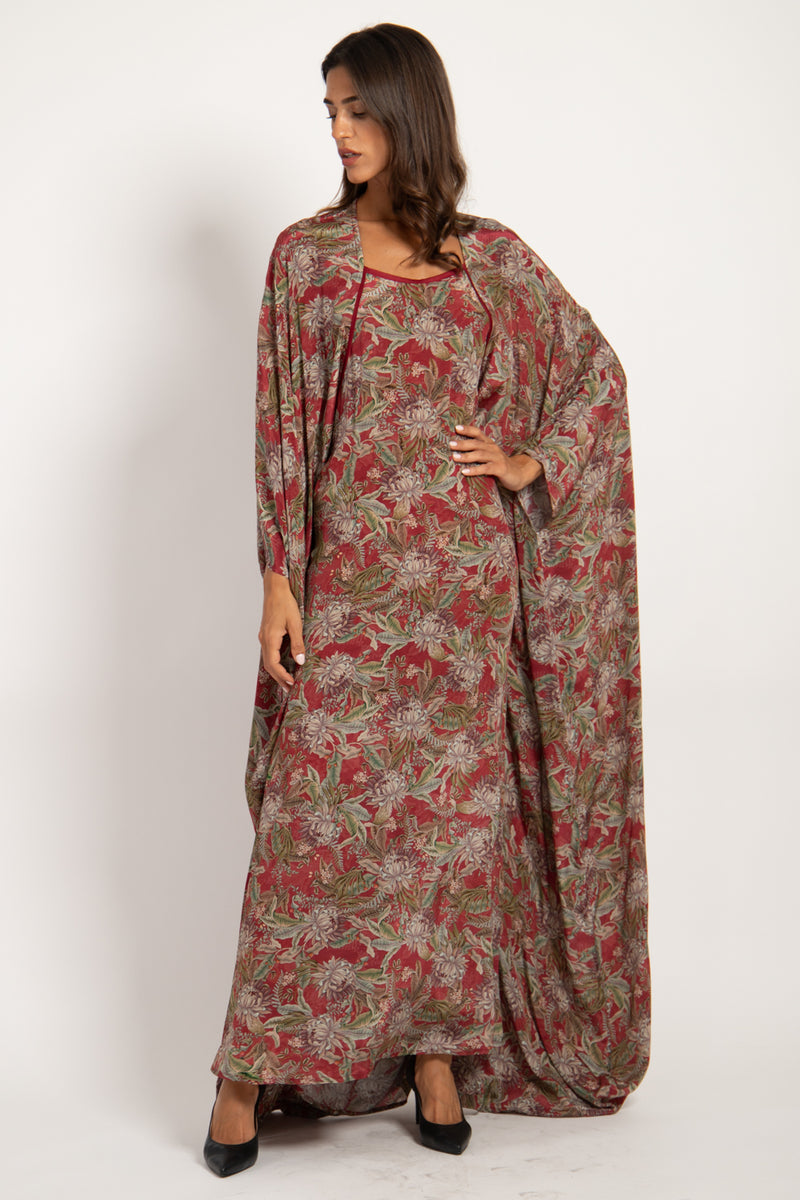 Deli Silk Dark Red Printed Flowers Dress