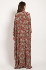 Deli Silk Dark Red Printed Flowers Dress