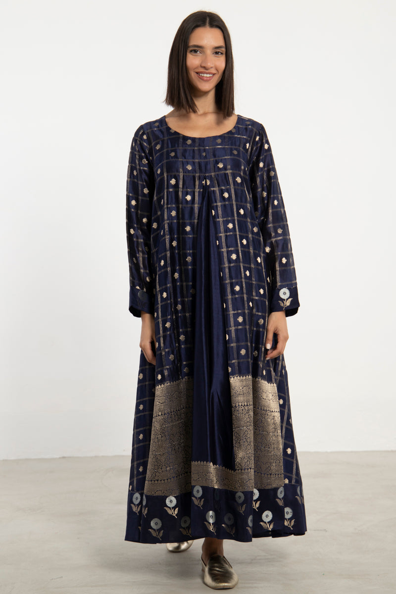 One-Of-A-Kind Souraya Silk Navy and Gold Dress