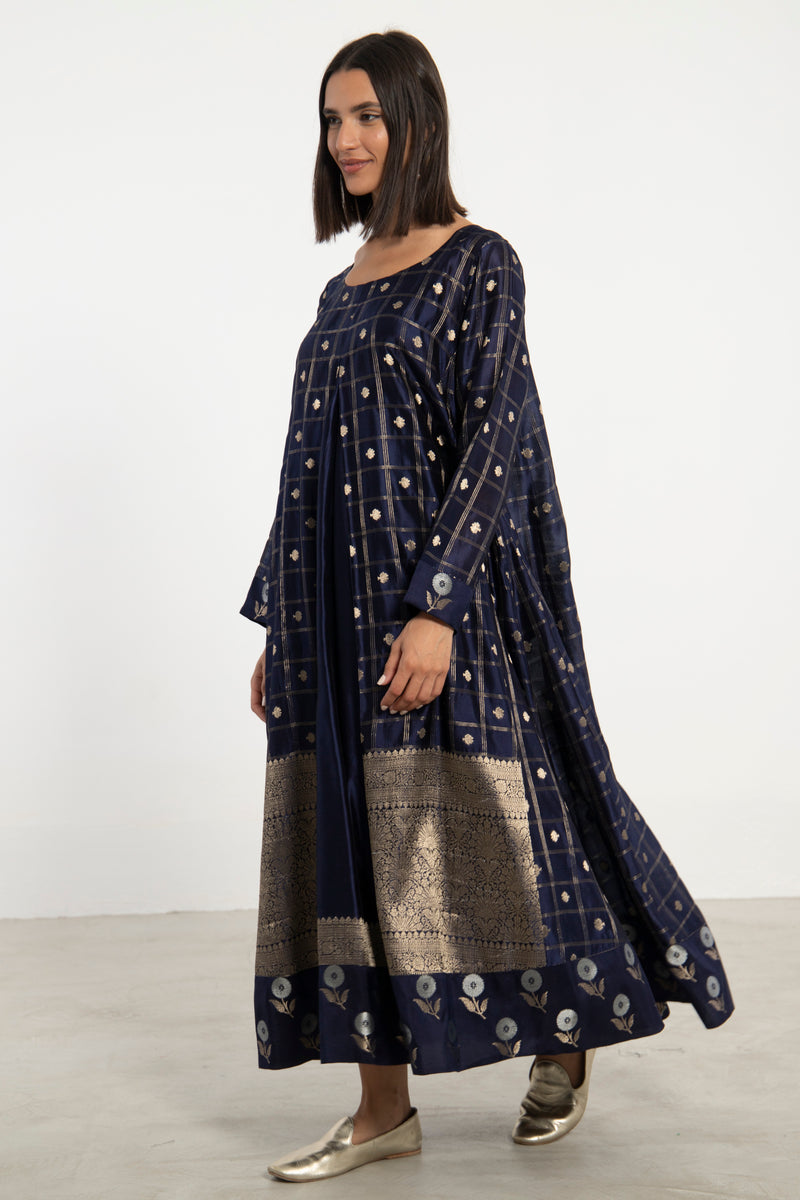 One-Of-A-Kind Souraya Silk Navy and Gold Dress