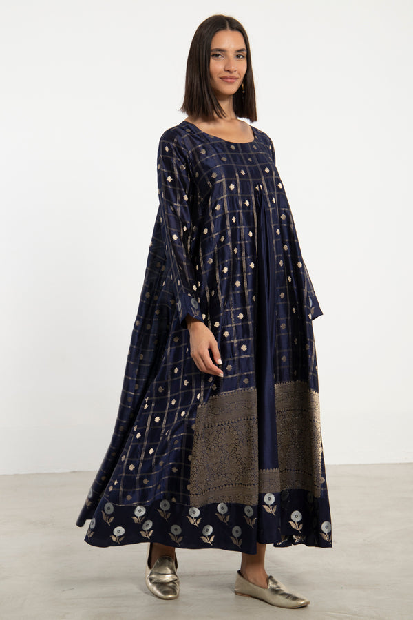 One-Of-A-Kind Souraya Silk Navy and Gold Dress