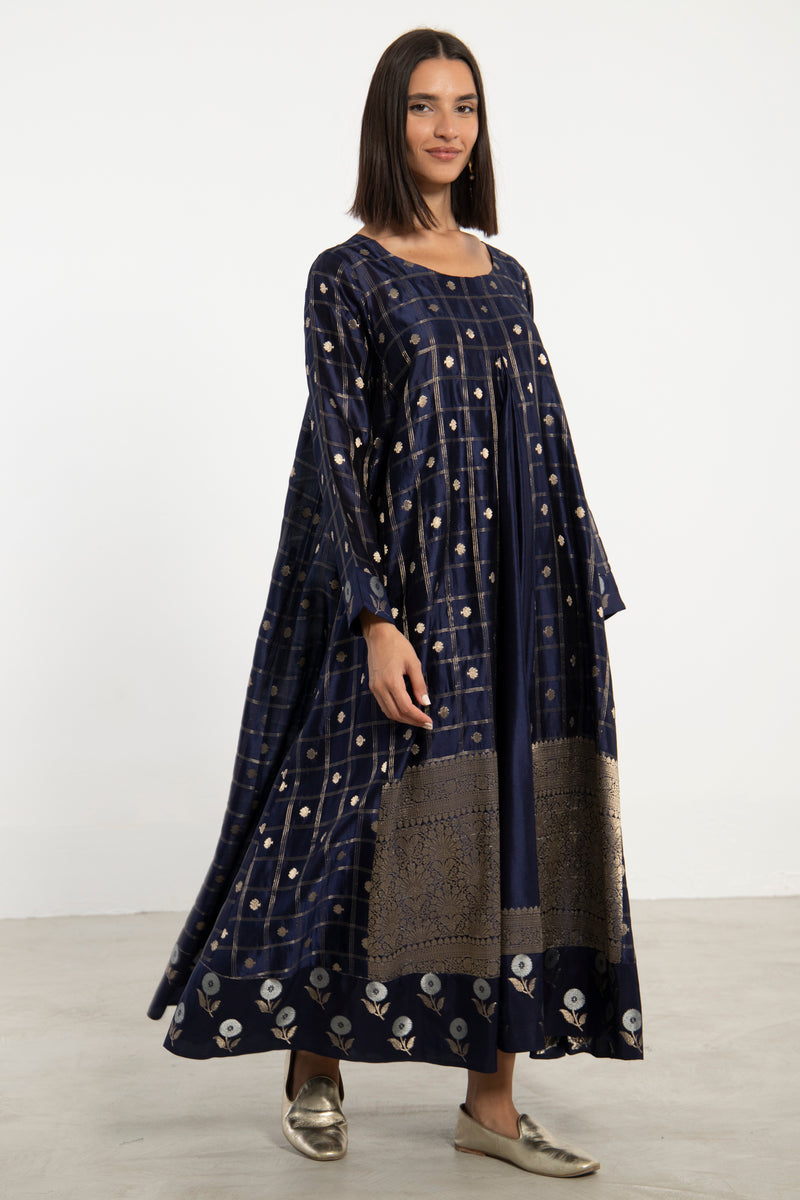 One-Of-A-Kind Souraya Silk Navy and Gold Dress