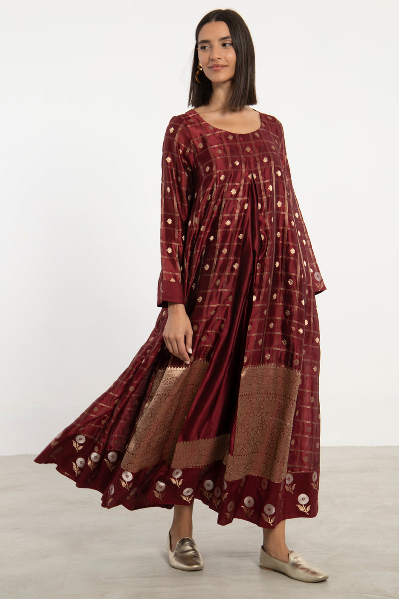 One-Of-A-Kind Souraya Silk Burgundy & Gold Dress