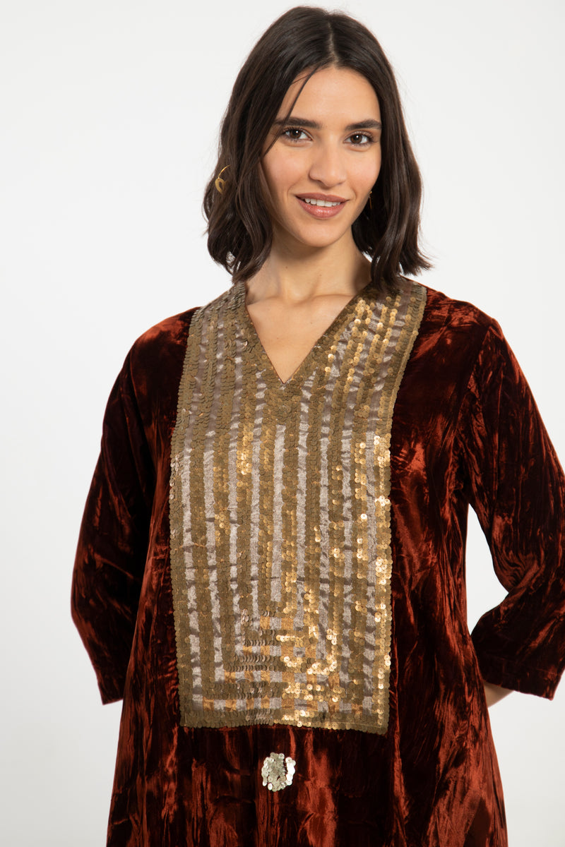 Elham Cotton Velvet Rust & Gold Dress