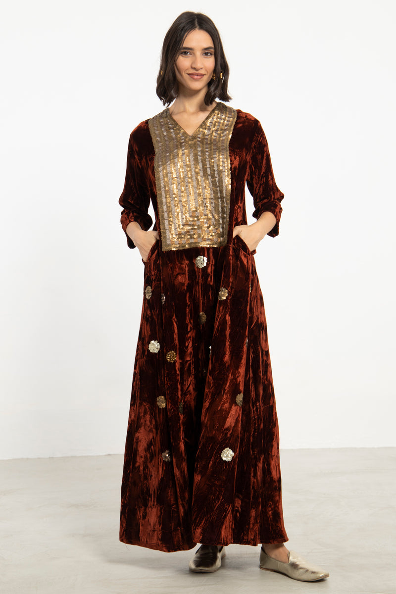 Elham Cotton Velvet Rust & Gold Dress