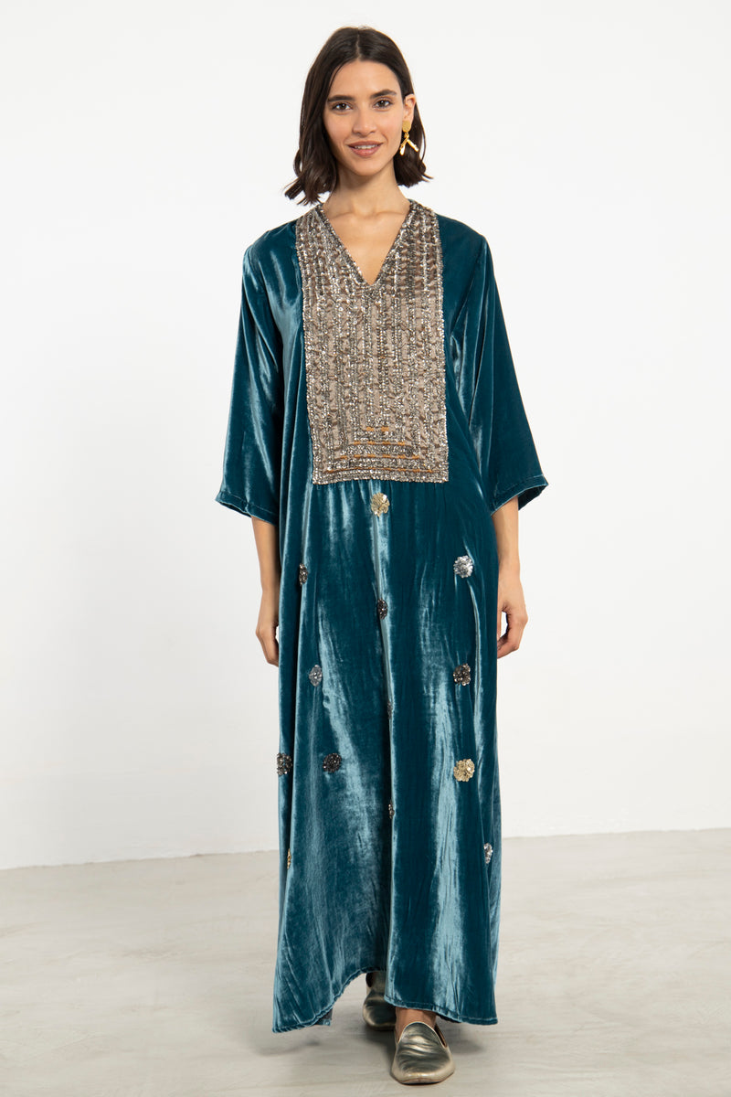 Elham Cotton Velvet Blue & Gold Dress