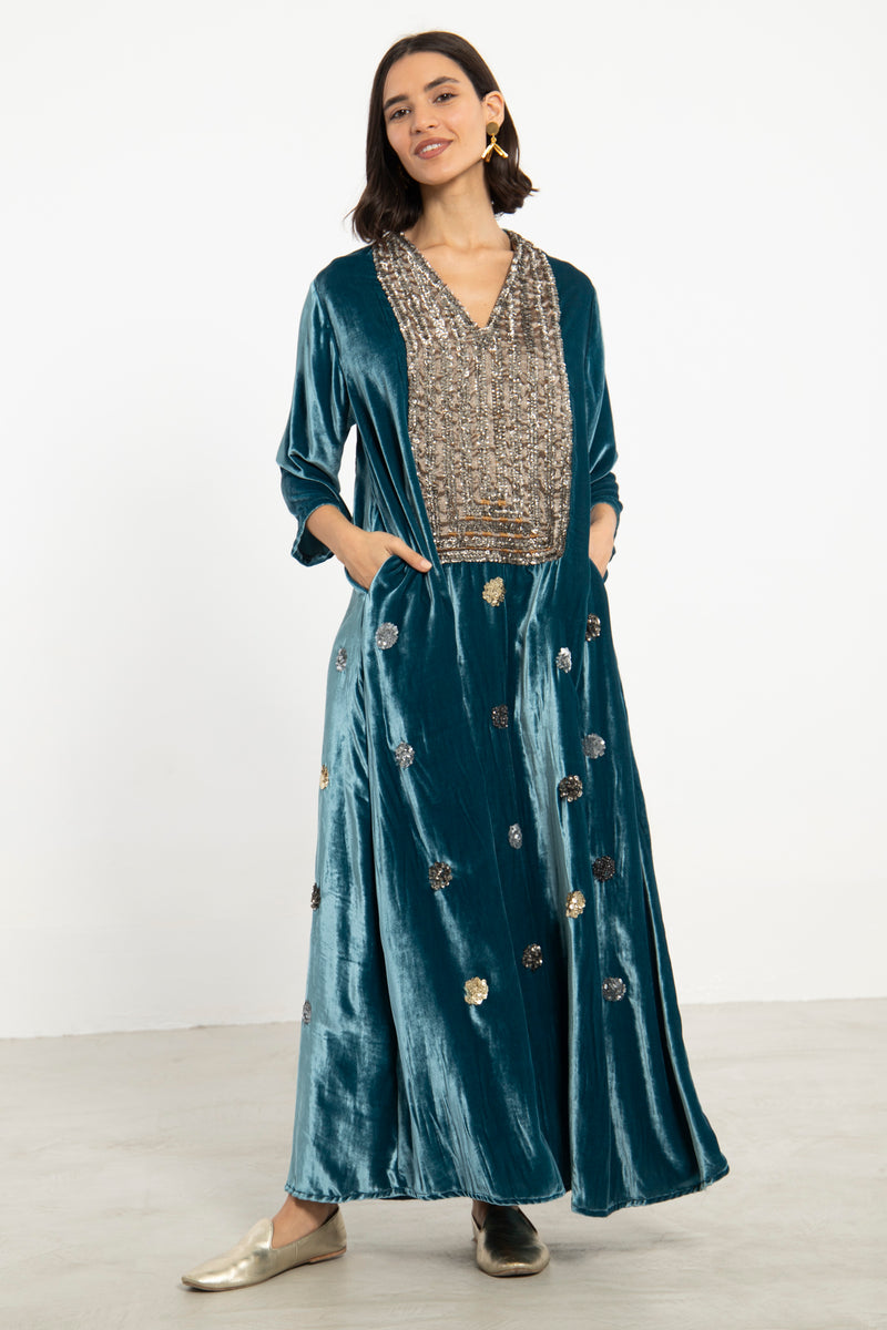 Elham Cotton Velvet Blue & Gold Dress