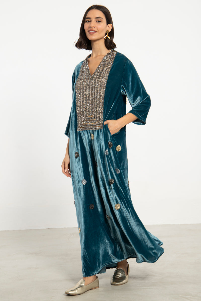 Elham Cotton Velvet Blue & Gold Dress