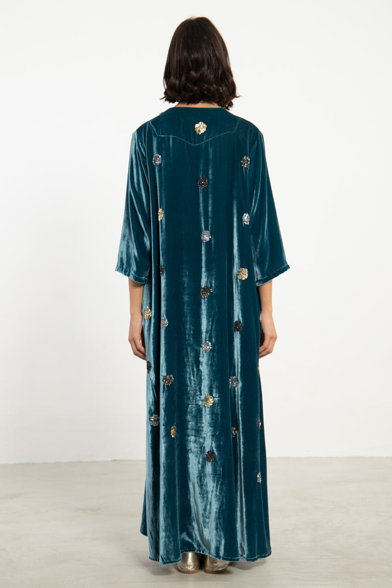 Elham Cotton Velvet Blue & Gold Dress