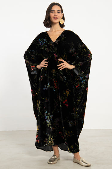 Cartage Silk Velvet Black Floral Kaftan