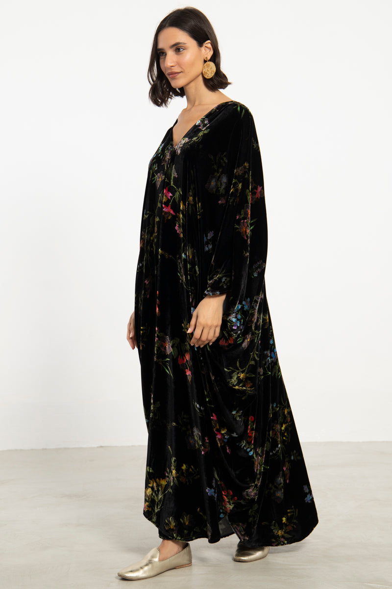 Cartage Silk Velvet Black Floral Kaftan