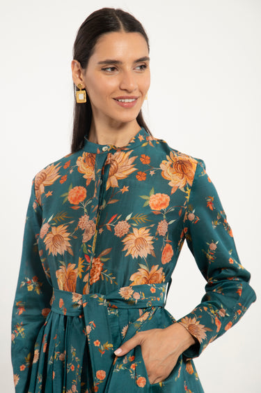 Janna Cotton Silk Teal Floral Dress