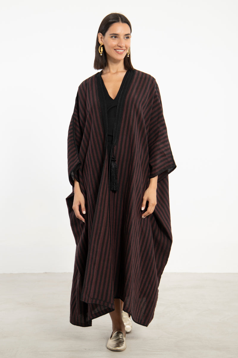 Aida Linen Striped Burgundy Abaya