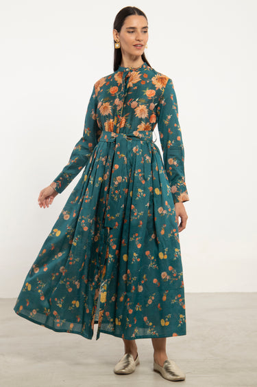 Janna Cotton Silk Teal Floral Dress