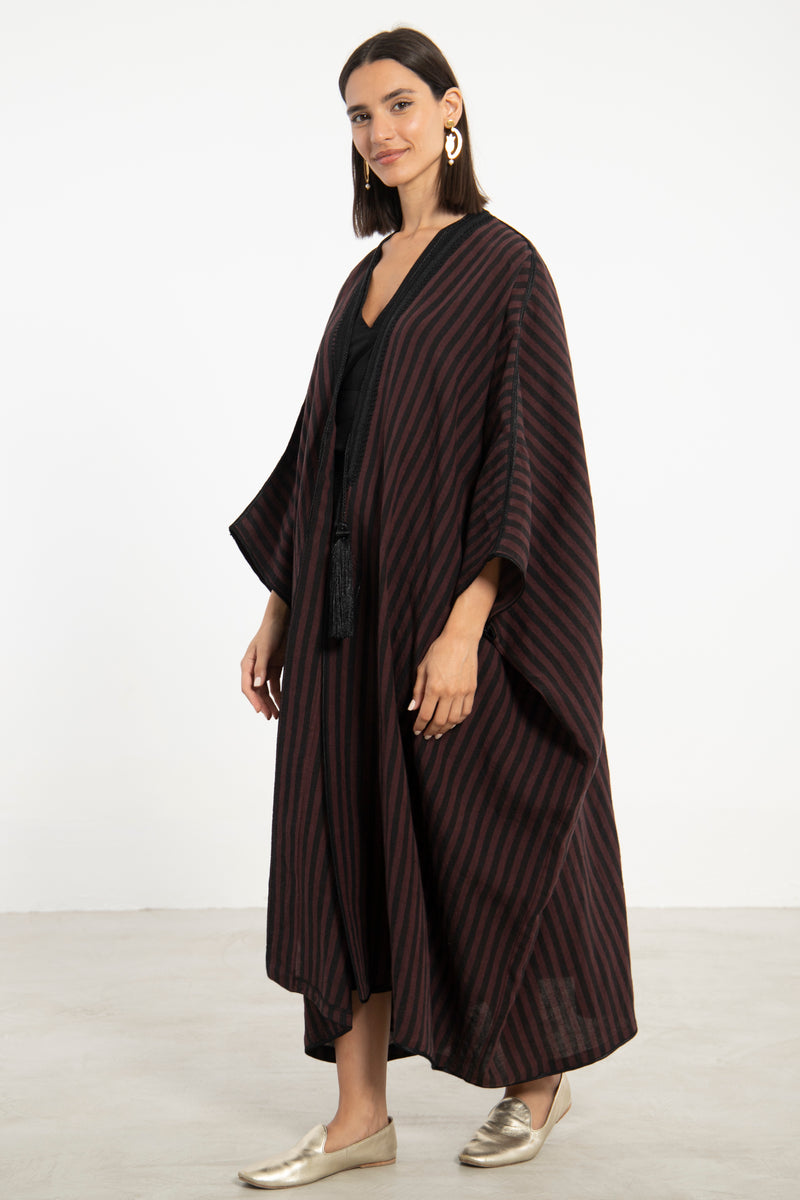 Aida Linen Striped Burgundy Abaya