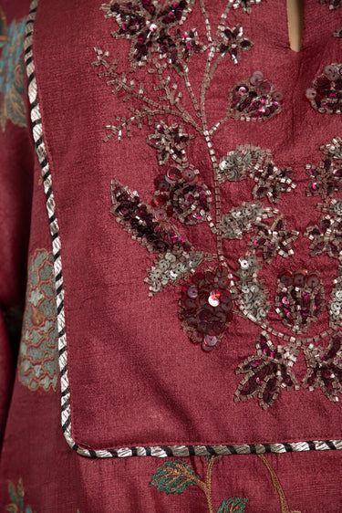 Kawthar Silk Hand Embroidered Burgundy Dress