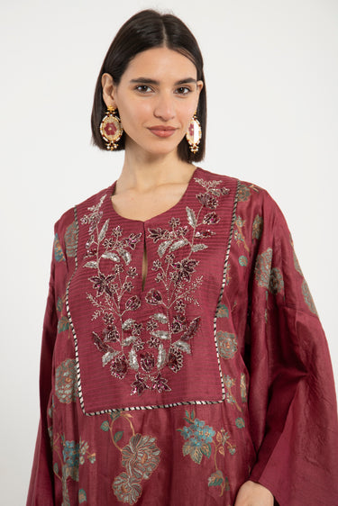 Kawthar Silk Hand Embroidered Burgundy Dress