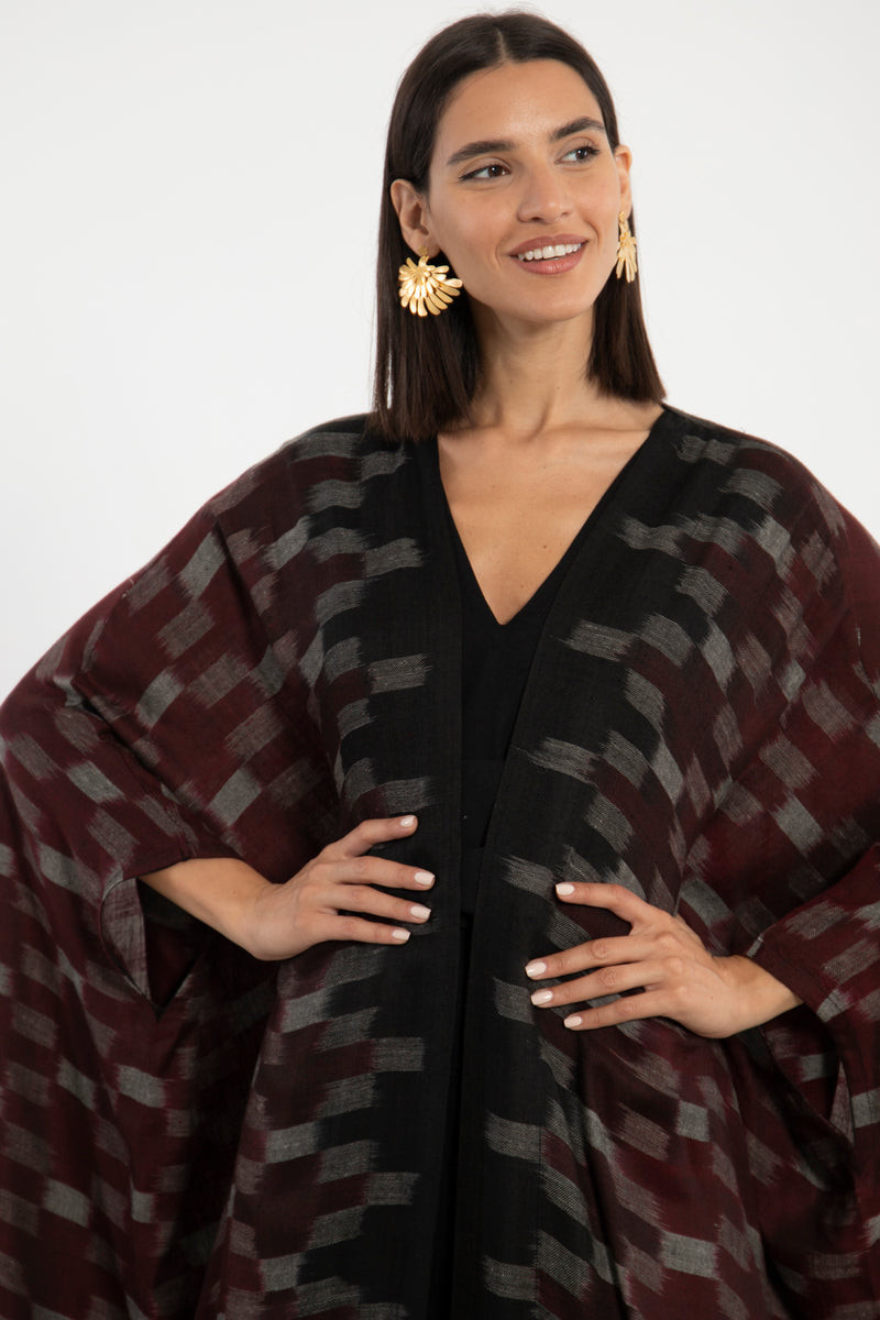 One-Of-A-Kind Cashmere Ikat Burgundy Abaya