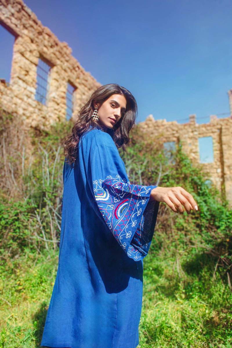 Mayss Al Rim Linen Royal Blue Embroidered Kaftan