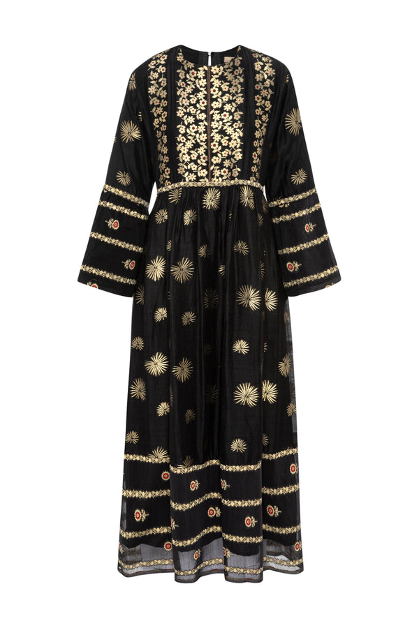 Amane Cotton Silk Black Gold Flowers Dress