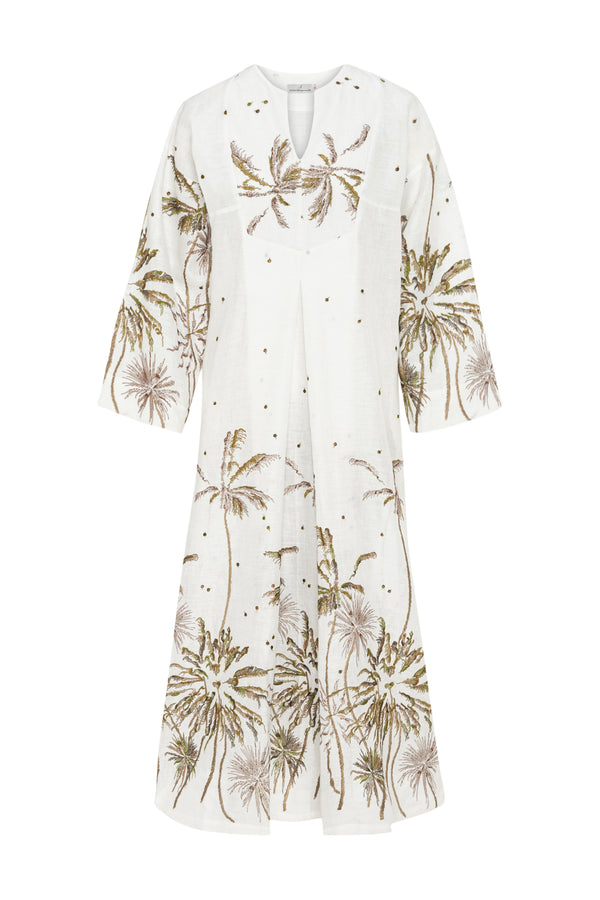 Shirine Linen Embroidered White Palms Kaftan