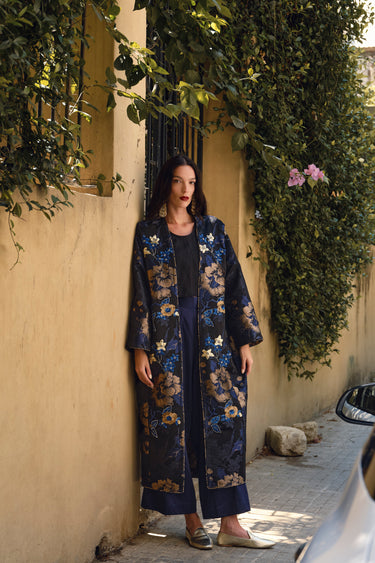 Nour Cotton Jacquard Black & Blue Coat
