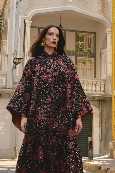 Nour Cotton Jacquard Black & Burgundy Dress