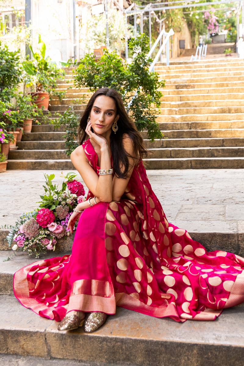 One-Of-A-Kind Souraya Silk Fuchsia and Gold Dress