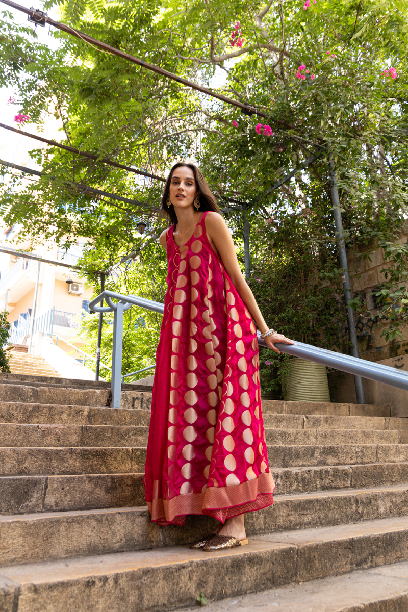 One-Of-A-Kind Souraya Silk Fuchsia and Gold Dress