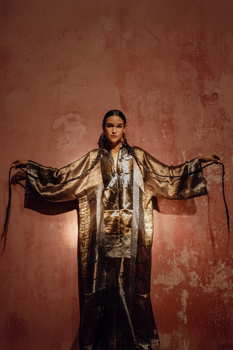 Chouf Handwoven Silk Patchwork Gold & Silver Dress