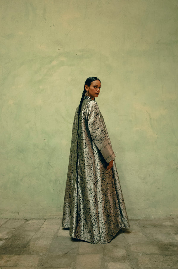 Rim Silk Brocade Silver Abaya