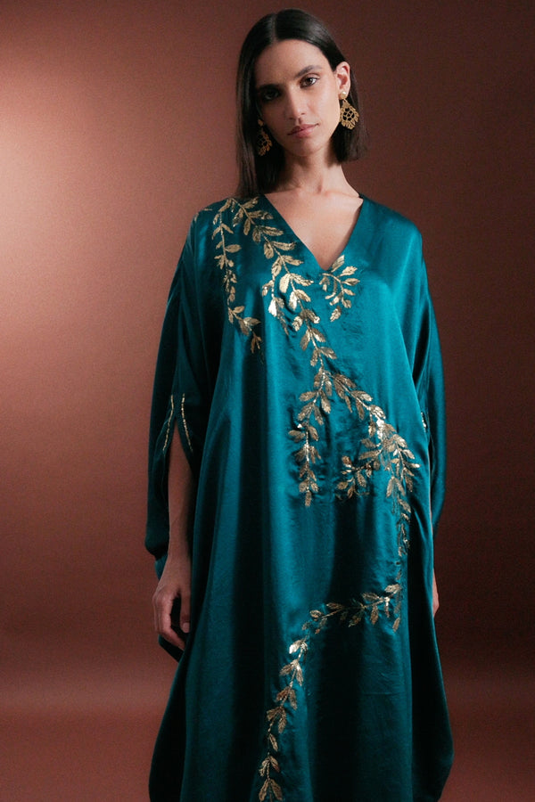 Darine Silk Teal Hand Embroidered Gown