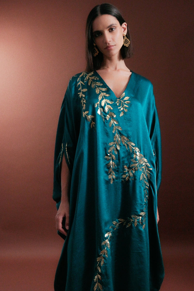 Darine Silk Teal Hand Embroidered Gown