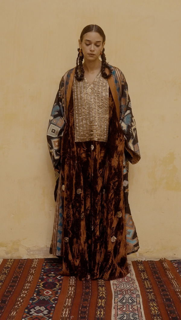 Elham Cotton Velvet Rust & Gold Dress