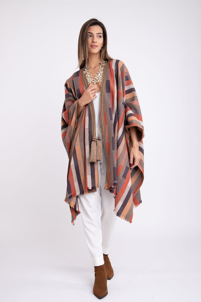 Wool Graphic Lines Poncho