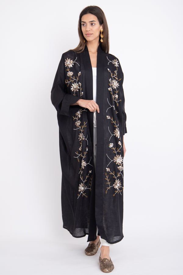Rajwa Silk Love Birds Embroidered Black Abaya